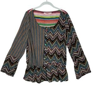 Desigual Top Blouse Womens Large Peplum Multi Print Semi Sheer Artsy Art to Wear